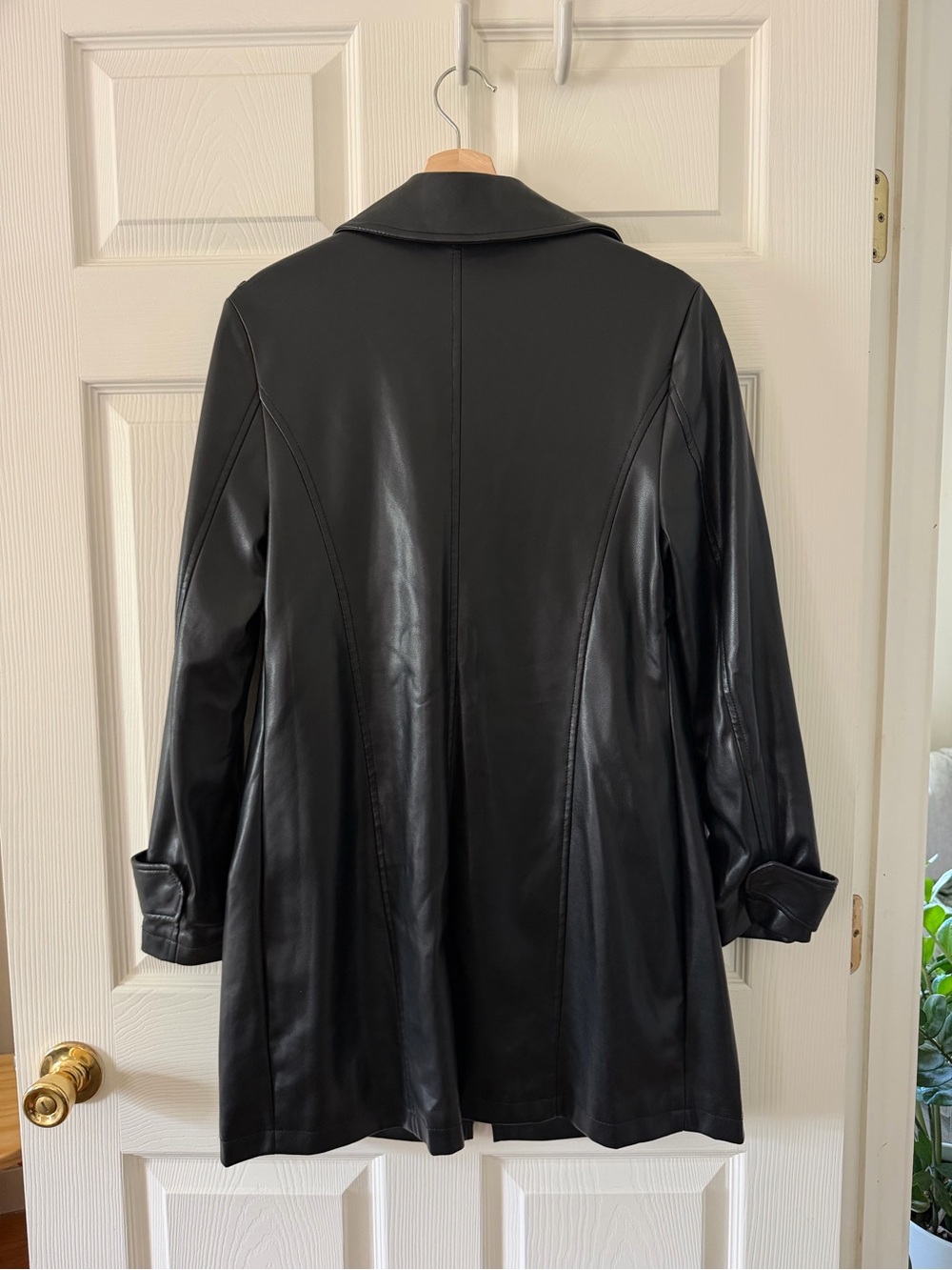 Black Faux Leather Trench Coat with Zip Pockets - Picture 2 of 4